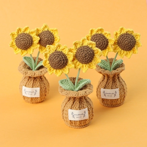 Girasol Ganchillo Hecho A Mano Planta En Maceta Hilo Tejido Arreglo Floral Escritorio Decoración Regalo Estética