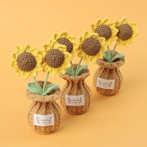 Girasol Ganchillo Hecho A Mano Planta En Maceta Hilo Tejido Arreglo Floral Escritorio Decoración Regalo Estética