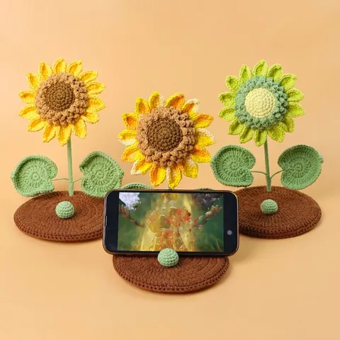 Handgehäkelter Sonnenblumen Handy Ständer Gestrickter Baumwollgarn Dekorative Schreibtisch Ornament Gesteck Halter Geschenk