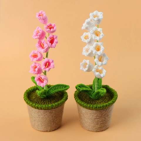Handmade Crochet Lily Of The Valley Potted Plant Artificial Wool Yarn Flower Desktop Decoration Hemp Rope Base Ornament