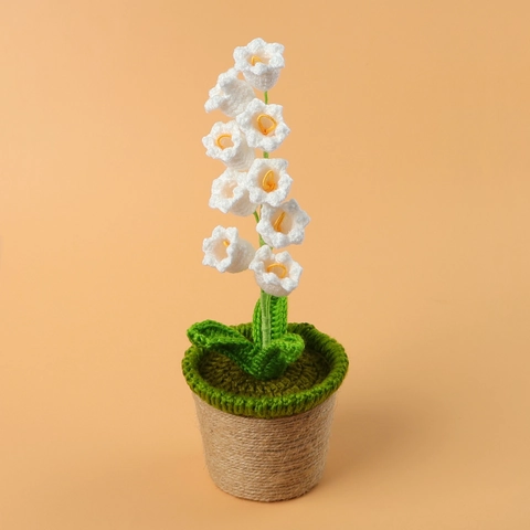 Handmade Crochet Lily Of The Valley Potted Plant Artificial Wool Yarn Flower Desktop Decoration Hemp Rope Base Ornament