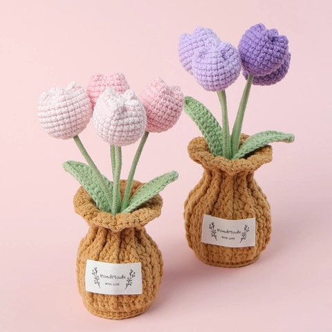 Adornos De Flores De Tulipán Hechos A Mano A Ganchillo Decoración De Plantas De Hilo Punto Para Escritorio Regalo Creativo