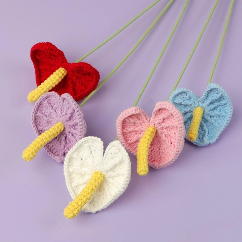 Handmade Crochet Anthurium Artificial Flowers Knitted Yarn Floral For Wedding Home Decor Gift Romantic Hand-Knitted