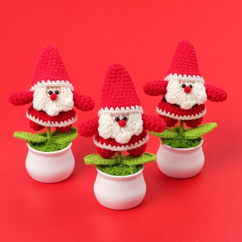 Ornement Plante en Pot Père Noël Crochet Fait Main Tricoté Laine Décoration de Table Festive Cadeau de Noël Décoratif