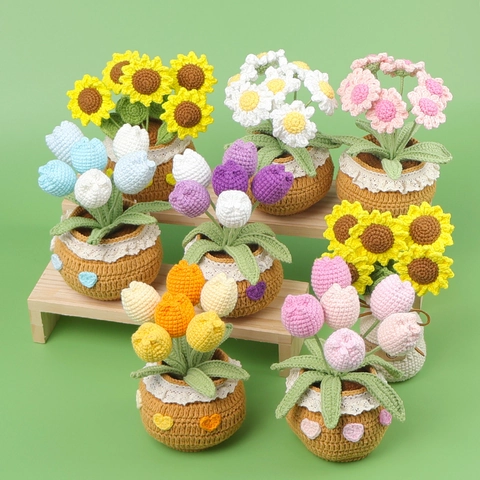 Handmade Crochet Artificial Flower Potted Plant Knit Yarn Tulip Rose Daisy Sunflower Table Desktop Ornament Home Decor Gift