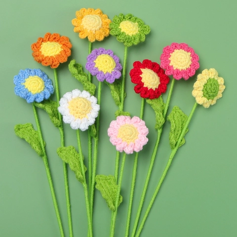 Handmade Crochet Flower Bouquet Knitted Daisy Sunflower Artificial Wool Plants Home Decor Gift Valentine Day Finished