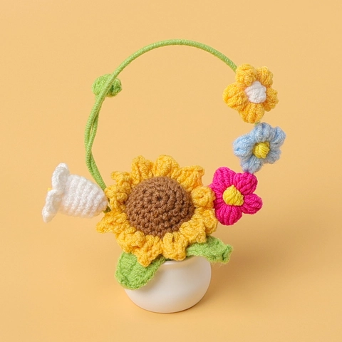 Handmade Crochet Sunflower Lily Of The Valley Potted Plant Woven Wool Flower Desktop Ornament Home Decoration Gift