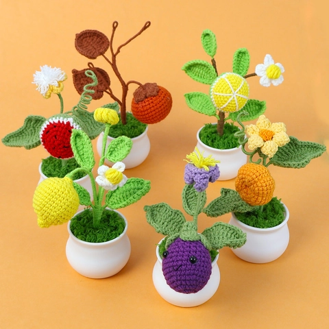 Handmade Crochet Fruit Flower Potted Plant Artificial Sunflower Persimmon Lemon Orange Desk Decor Ornament Home Office Gift