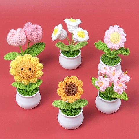 Handmade Crochet Yarn Artificial Flower Potted Plant Decorative Sunflower Tulip Lily Of The Valley Rose For Home Office Desk Car Decoration Gift