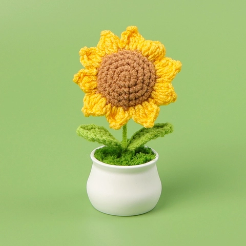 Handmade Crochet Yarn Artificial Flower Potted Plant Decorative Sunflower Tulip Lily Of The Valley Rose For Home Office Desk Car Decoration Gift