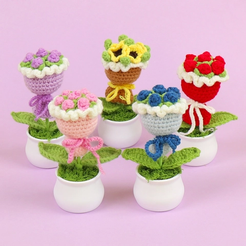 Handgefertigter Häkelblumentopf Rose Sonnenblume Künstliches Garn Gestrickte Miniatur Tisch Auto Dekoration Süßes Geschenk
