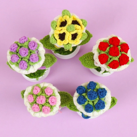 Handgefertigter Häkelblumentopf Rose Sonnenblume Künstliches Garn Gestrickte Miniatur Tisch Auto Dekoration Süßes Geschenk