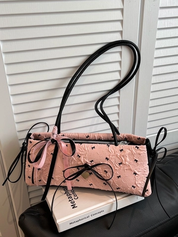 Borsa Sottobraccio in Seersucker Dolce da Donna Stile Vintage Francese Con Fiocco e Ciondolo a Cuore Borsa a Tracolla