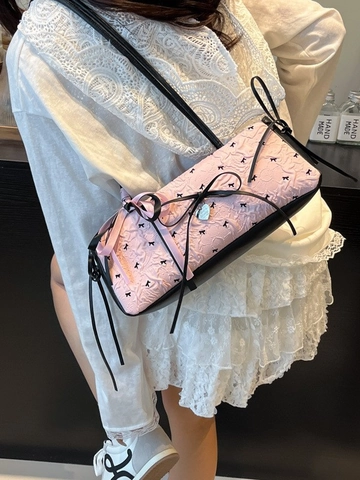 Borsa Sottobraccio in Seersucker Dolce da Donna Stile Vintage Francese Con Fiocco e Ciondolo a Cuore Borsa a Tracolla