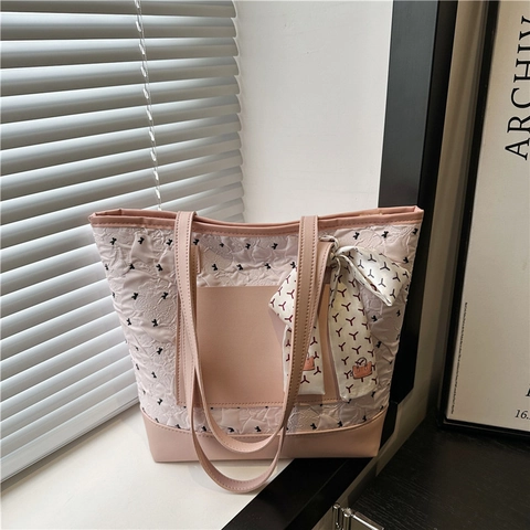 Gesteppte PU Leder Tote Bag Große Kapazität Schulter Handtasche Mit Satinnschal Schleife Dekoration Für Damen Casual