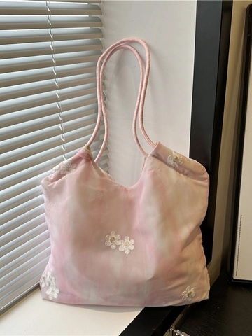 Damen Tote Bag Spitzenblumen Stickerei Große Kapazität Tie Dye Muster Mesh Schulterhandtasche Romantischer Stil