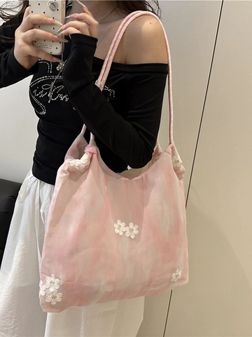 Damen Tote Bag Spitzenblumen Stickerei Große Kapazität Tie Dye Muster Mesh Schulterhandtasche Romantischer Stil