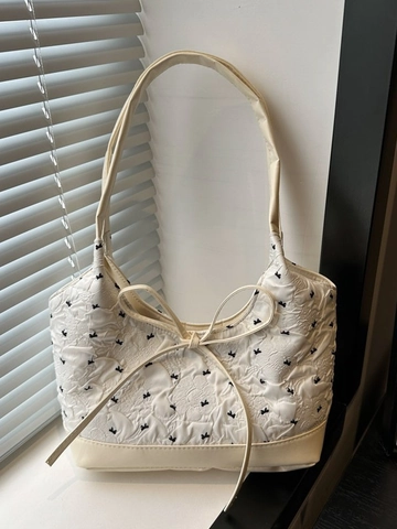 Women Sweet Bow-knot Quilted Canvas Shoulder Bag Jacquard Underarm Tote With PU Leather Bottom And Magnetic Closure Casual Bag