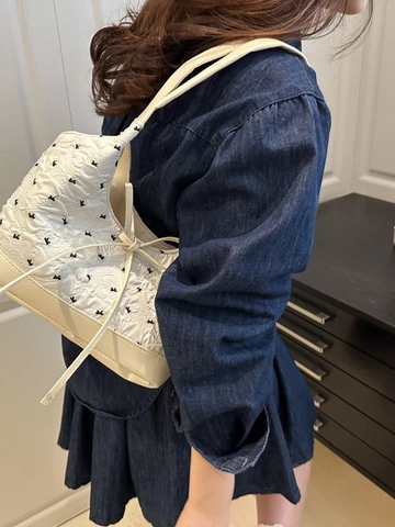 Women Sweet Bow-knot Quilted Canvas Shoulder Bag Jacquard Underarm Tote With PU Leather Bottom And Magnetic Closure Casual Bag