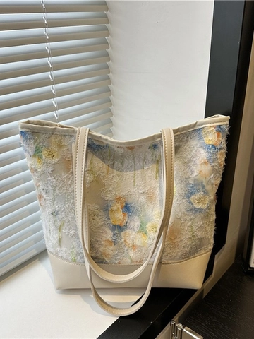 Große Kapazität Damen Tote Bag Floral Spitze Stickerei Textur Stoff Lässige Schultertasche Patchwork Künstlerisch Schick Reißverschluss
