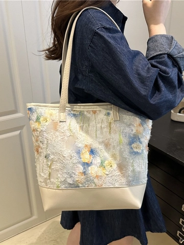 Große Kapazität Damen Tote Bag Floral Spitze Stickerei Textur Stoff Lässige Schultertasche Patchwork Künstlerisch Schick Reißverschluss
