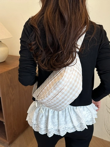 Plaid Canvas Waist Bag For Women Casual Checkered Chest Pack Floral Embroidery Lace Adjustable Strap Crossbody Bag