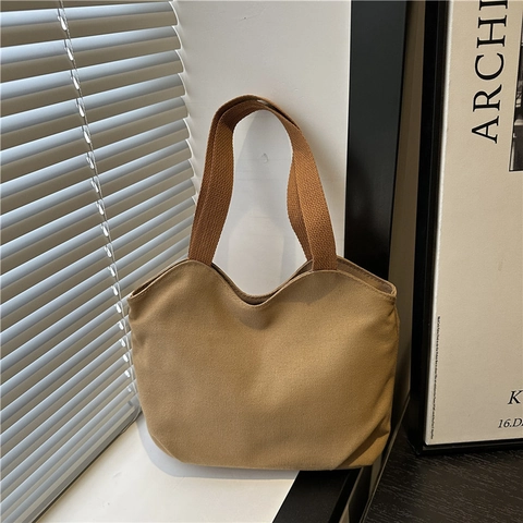 Women Urban Simple Canvas Tote Bag Large Capacity Solid Color Shoulder Bag Versatile Casual Commuter Handbag Daily Fabric Bag