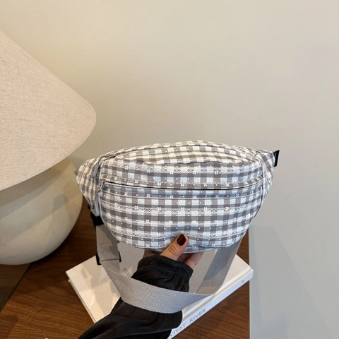 Marsupio in Tela a Scacchi Stile Coreano Donna Borsa da Petto Casual All'Aperto Tracolla Regolabile Doppia Cerniera Moda