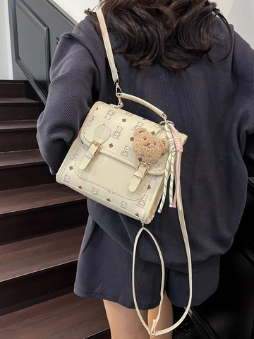 Damen Cartoon Bär Druck Rucksack Mode PU Leder Retro Klappe Doppel Schnalle Mini Schultasche Pendeln Täglich Rucksack