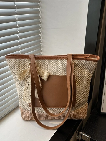 Borsa Tote in Paglia Intrecciata da Donna Grande Capacità Borsa a Spalla da Spiaggia Estiva Con Fiocco in Pizzo e Pelle