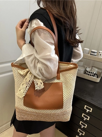Borsa Tote in Paglia Intrecciata da Donna Grande Capacità Borsa a Spalla da Spiaggia Estiva Con Fiocco in Pizzo e Pelle