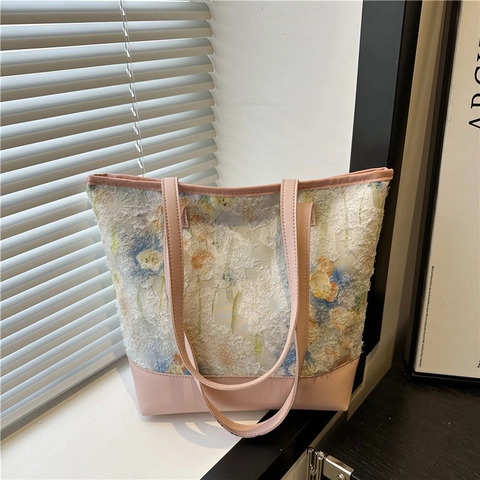 Dames Tote Bag Grote Capaciteit 3D Bloemen Borduursel Kant PU Leer Patchwork Artistieke Elegante Schoudertas