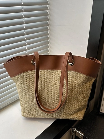 Γυναικεία Ψάθινη Τσάντα Tote Vintage Γαλλική Με Δερμάτινο Patchwork PU Μεγάλη Χωρητικότητα Καλοκαιρινές Διακοπές