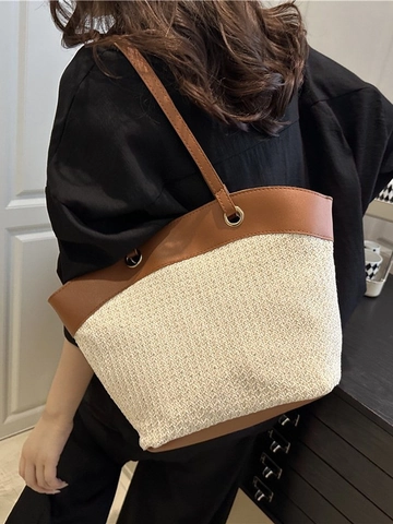 Γυναικεία Ψάθινη Τσάντα Tote Vintage Γαλλική Με Δερμάτινο Patchwork PU Μεγάλη Χωρητικότητα Καλοκαιρινές Διακοπές