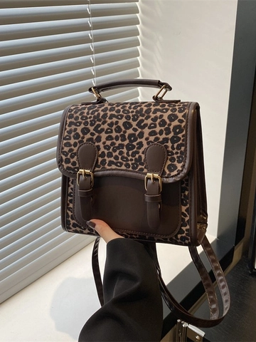 Damen Retro Britischer Stil Leopardenmuster Rucksack PU Leder Patchwork Kleiner Schultertasche Casual Fashion Mini Schulranzen