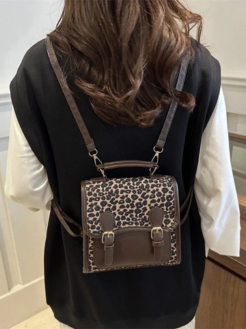 Damen Retro Britischer Stil Leopardenmuster Rucksack PU Leder Patchwork Kleiner Schultertasche Casual Fashion Mini Schulranzen