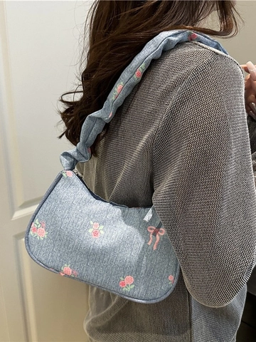 Sac Sous le Bras en Denim Doux pour Femmes Imprimé Floral Rose Nœud Sac à Main Poignée Froncée Sac à Épaule Style Rétro Y2K