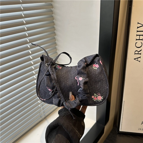Borsa Sottobraccio in Denim da Donna Vintage Floreale Rosa Fiocco Ricamo Dolce Hobo Borsa a Tracolla Streetwear Moda