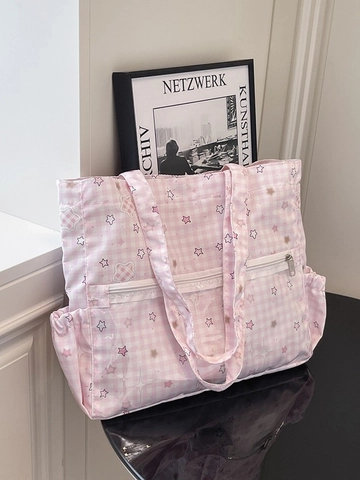Sac Cabas Kawaii Motif Étoiles et Carreaux pour Femmes Polyester Grande Capacité Sac à Épaule Décontracté École Étudiant Main Avec Poche Avant en PVC
