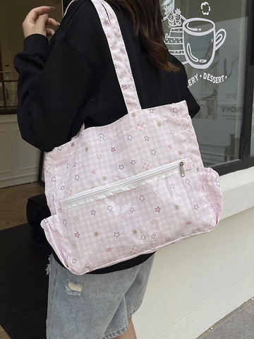 Sac Cabas Kawaii Motif Étoiles et Carreaux pour Femmes Polyester Grande Capacité Sac à Épaule Décontracté École Étudiant Main Avec Poche Avant en PVC