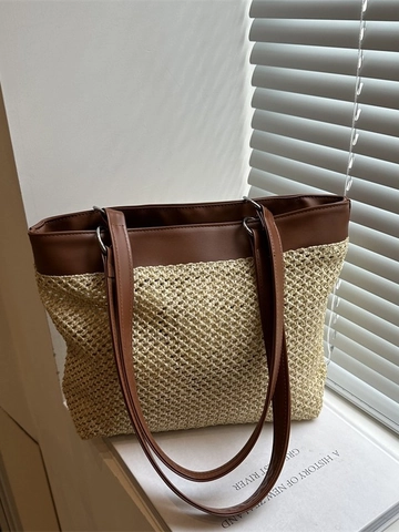 Damen Stroh Gewebte Tragetasche Mit PU Leder Spleißen Große Kapazität Lässige Sommer Strand Schultertasche Urlaubsstil