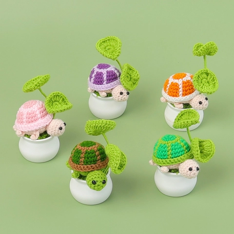 Adorno De Tortuga De Ganchillo Hecho A Mano Hilo Tejido Animal Decoración De Escritorio Lindo Hoja De Loto Maceta De Cerámica
