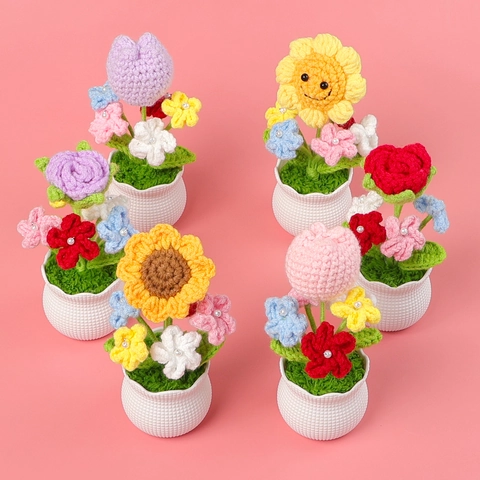 Handgefertigte Gehäkelte Strickblumen Topfpflanze Sonnenblume Tulpe Rose Schreibtisch Ornament Zuhause Auto Dekoration