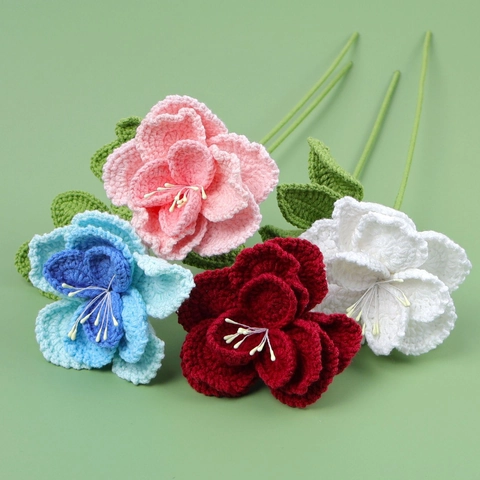 Handmade Crochet Rose Flower Yarn Knitted Simulation Flower Everlasting Floral Bouquet For Home Wedding Decor Valentine Gift