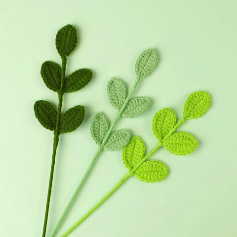 Handgefertigte Gehäkelte Grüne Blätter Zweig Gestricktes Garn Künstliche Pflanzenstängel Für DIY Blumenarrangement Deko