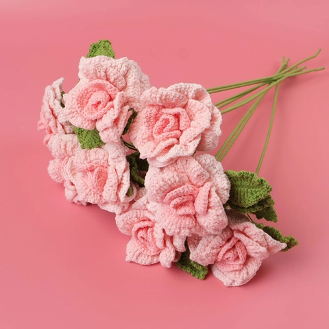 Handgemaakte Gebreide Gehaakte Roos Bloem Kunstmatige Garen Boeket Voor Huis Vaas Decoratie Valentijnsdag Cadeau Roze Blauw