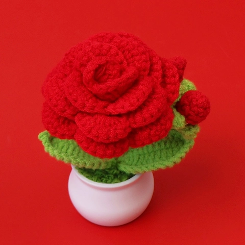 Rosa En Maceta De Ganchillo Hecha A Mano Flor De Lana Tejida Adorno De Escritorio Decoración De Hogar Oficina Regalo Valentín
