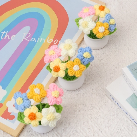 Handgefertigte Gehäkelte Blumen Im Topf Mini Bunte Garn Strickblumen Puffblume Schreibtisch Deko Büro Home Ornament Geschenk