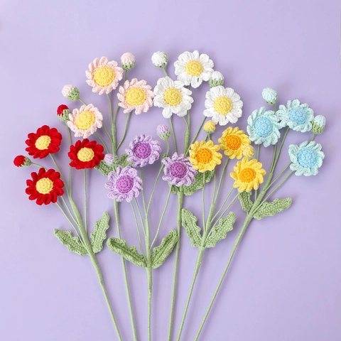 Handmade Crochet Daisy Flowers Yarn Knitting Bouquet Multi-color Realistic Fake Floral For Home Decor Office Table Ornament