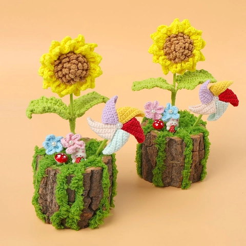 Handmade Crochet Sunflower Potted Plant With Windmill Tree Stump Base Yarn Woven Artificial Flower For Home Graduation Decor